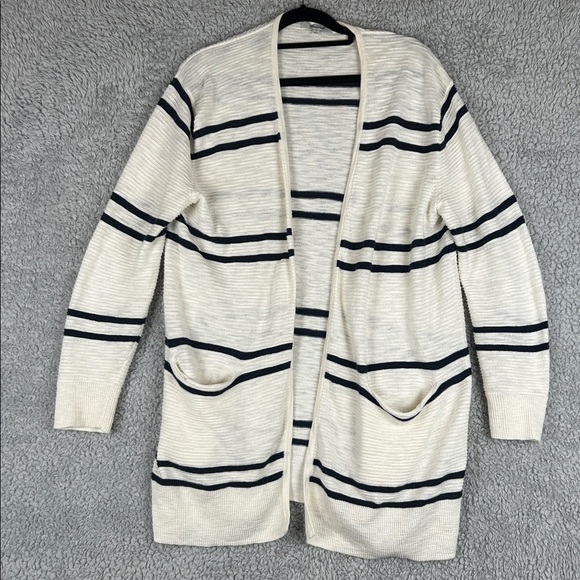 Madewell Long Open Front Cardigan Striped Textured Ivory Navy Size S - Picture 2 of 16